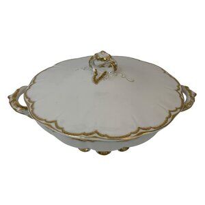 Antique Haviland France Limoges Covered Serving Dish With Gold Trim Chip H9078